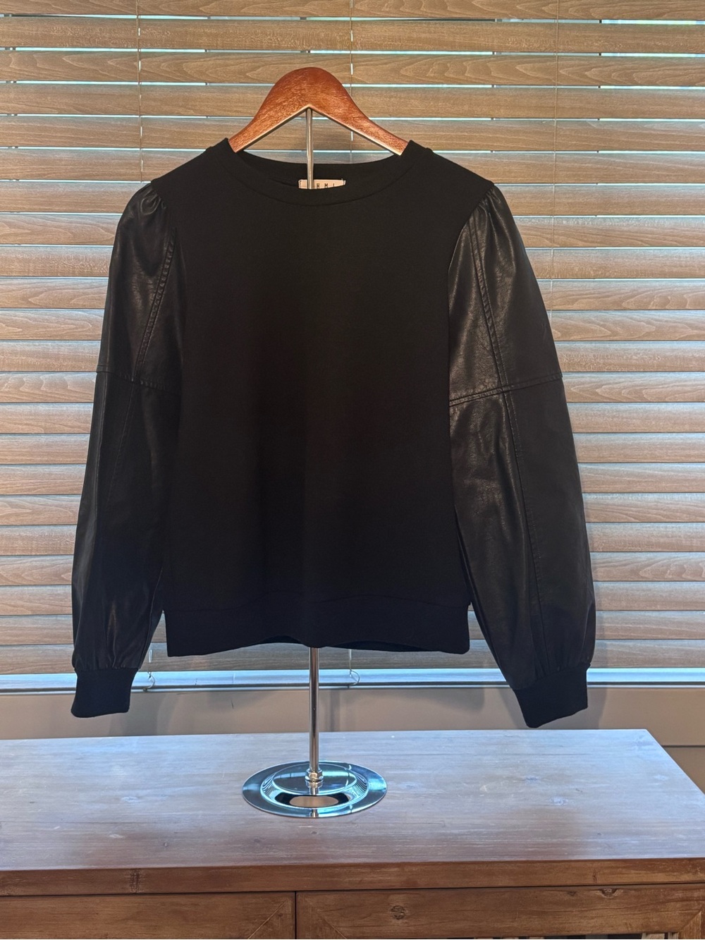 THML Black Knit Pullover with Faux Leather Balloon Sleeves